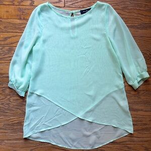 Anna Grace Mint Green Sheer Blouse with Layered Hem - Size L